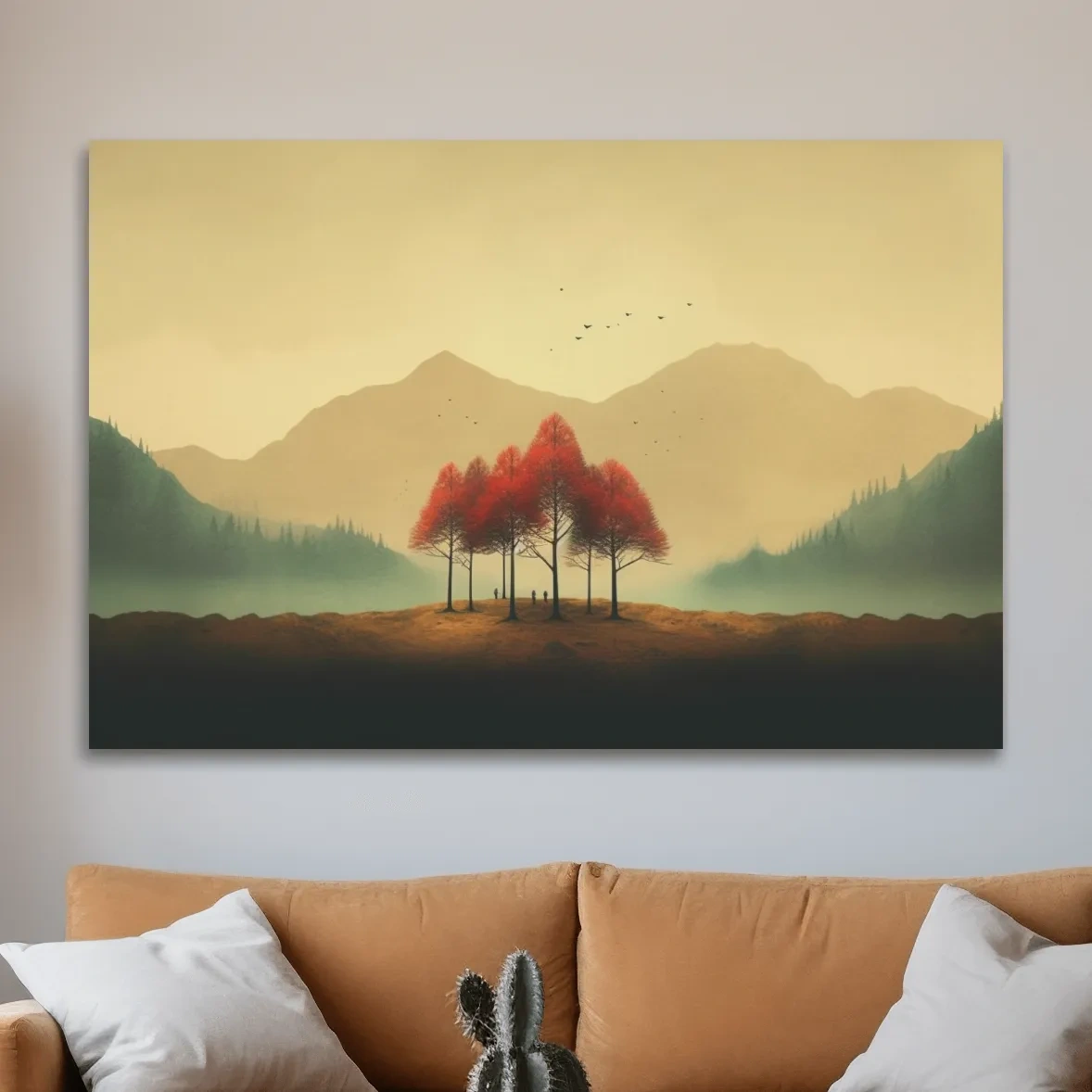 Landscape mountain artwork, minimal painting of autumn trees in the fog