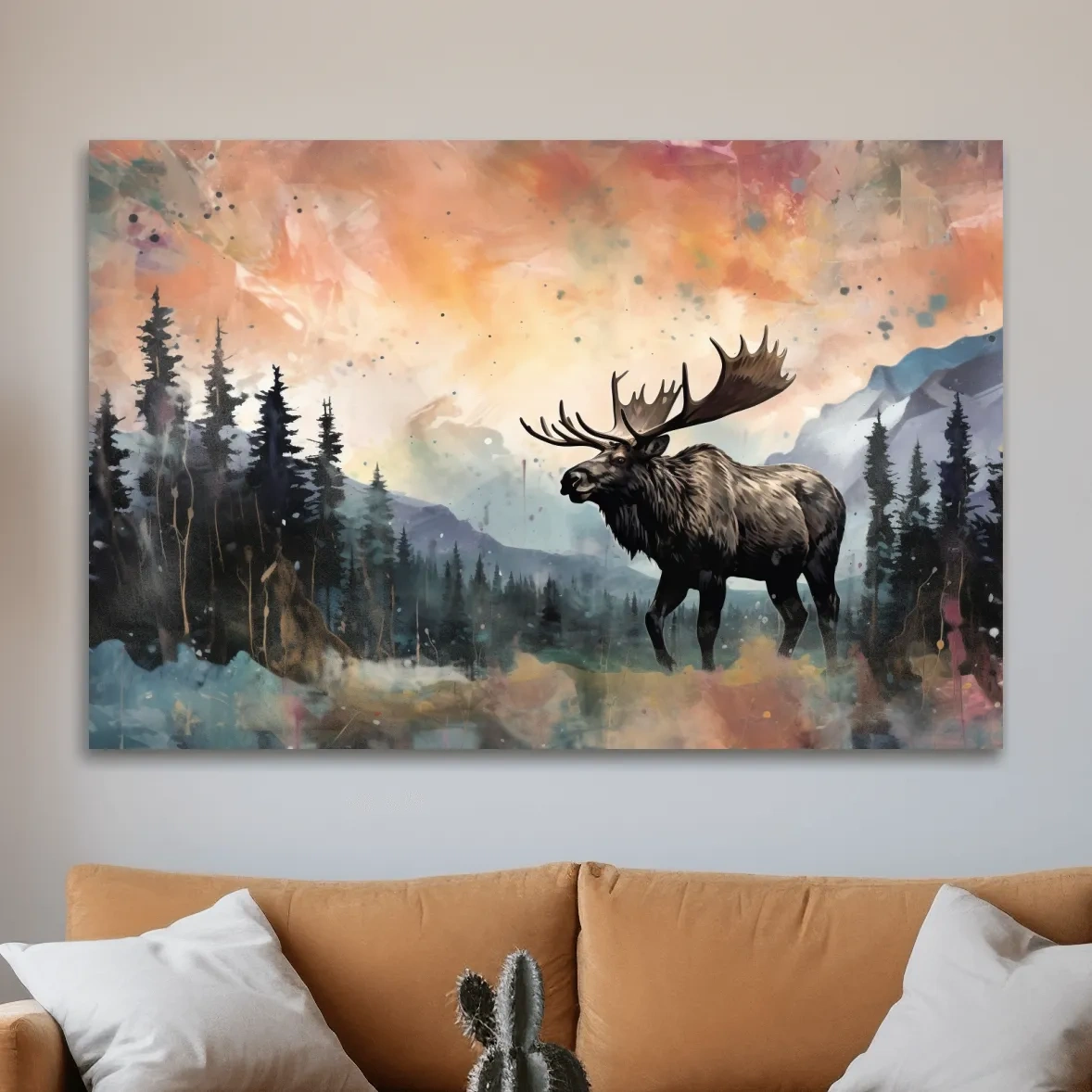 Abstract splattered painting of a moose in mountain scenery