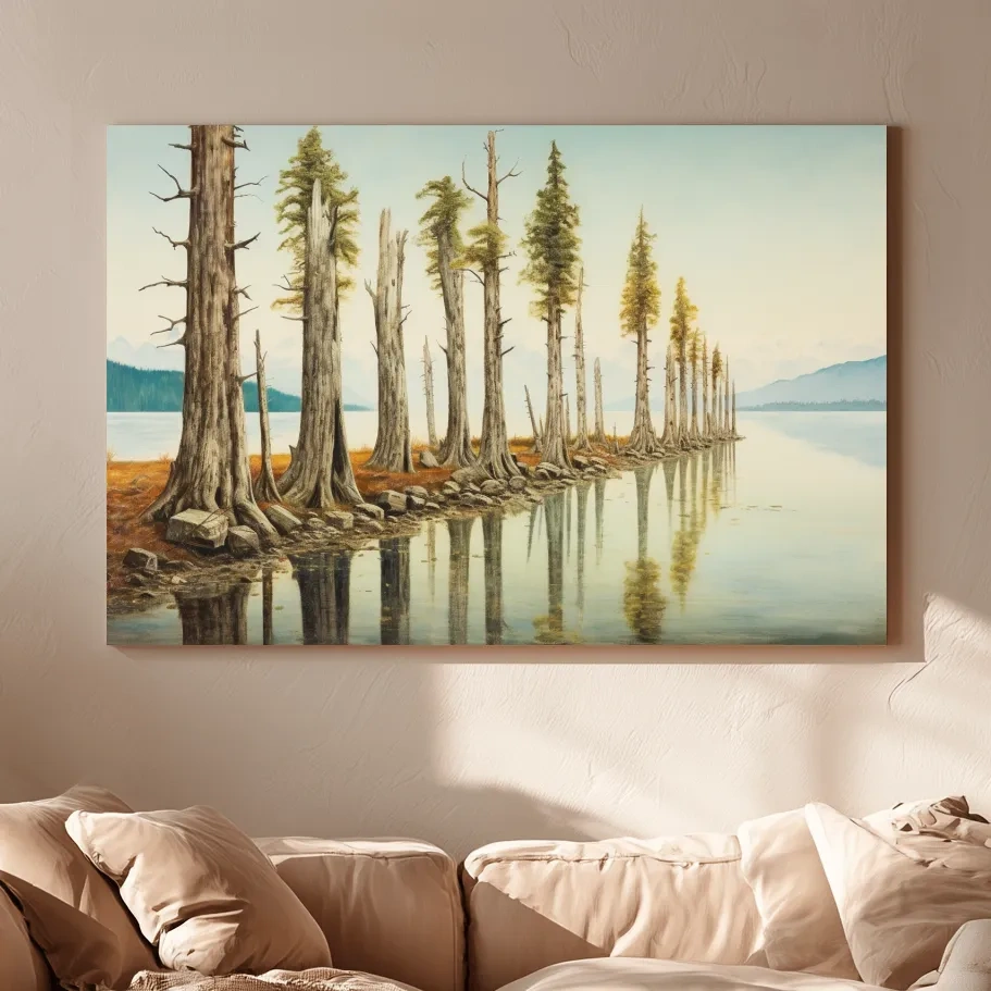 Serene Lakeside Pine Forest Reflections - Watercolor Landscape Wall Art