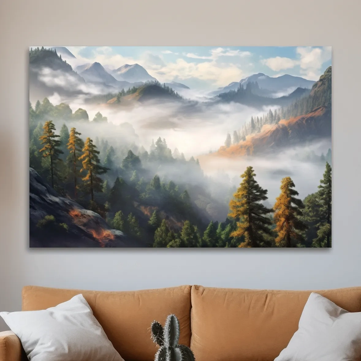 Painting of fog rolling through the trees and mountains