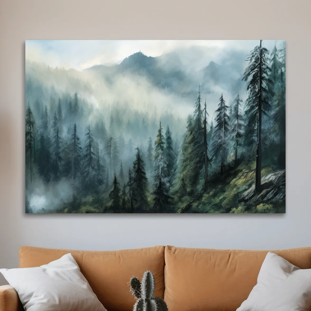 Misty Evergreen Forest Mountain Landscape - Moody Watercolor Nature Wall Art