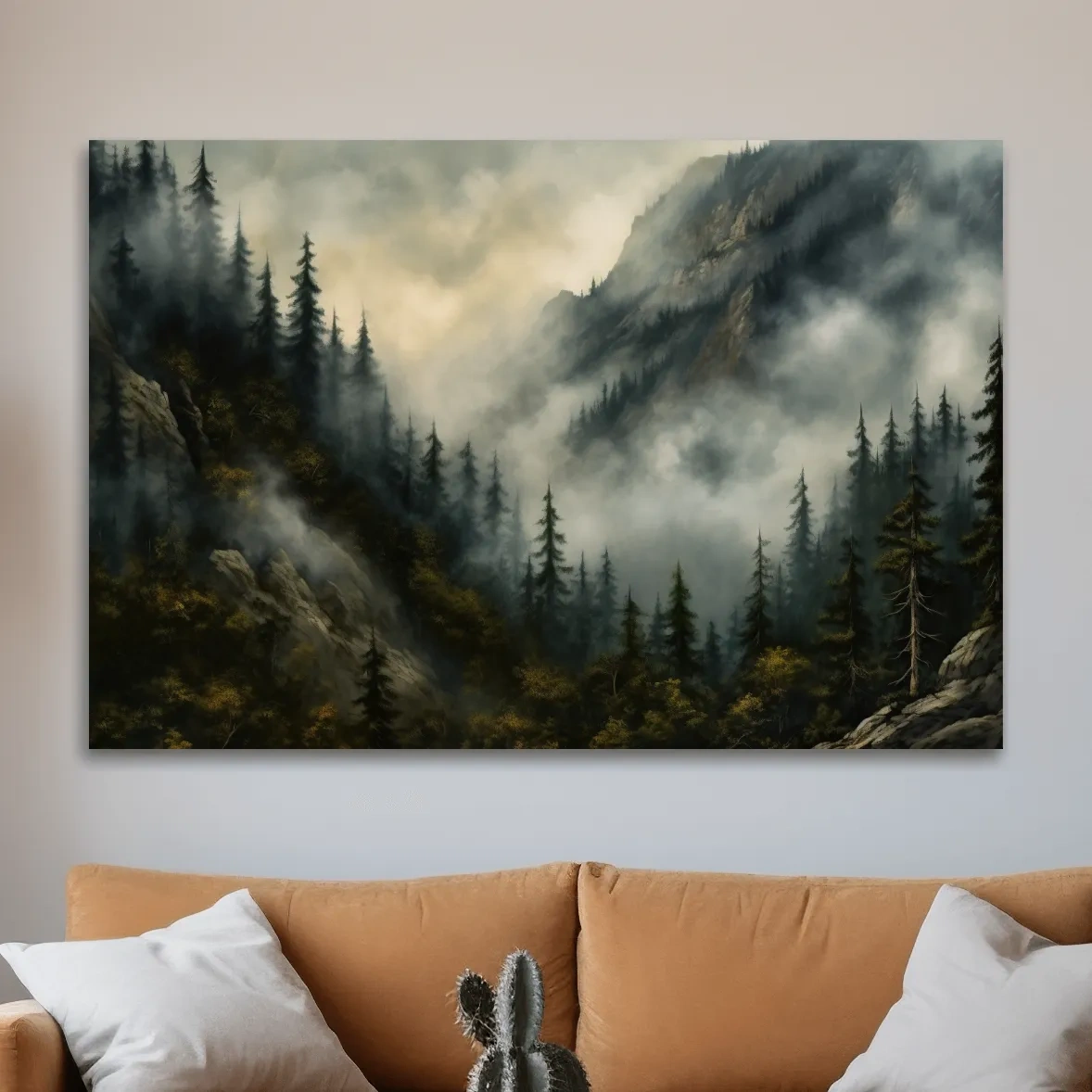 Painting of fog rolling through the trees and mountains, foggy forest artwork