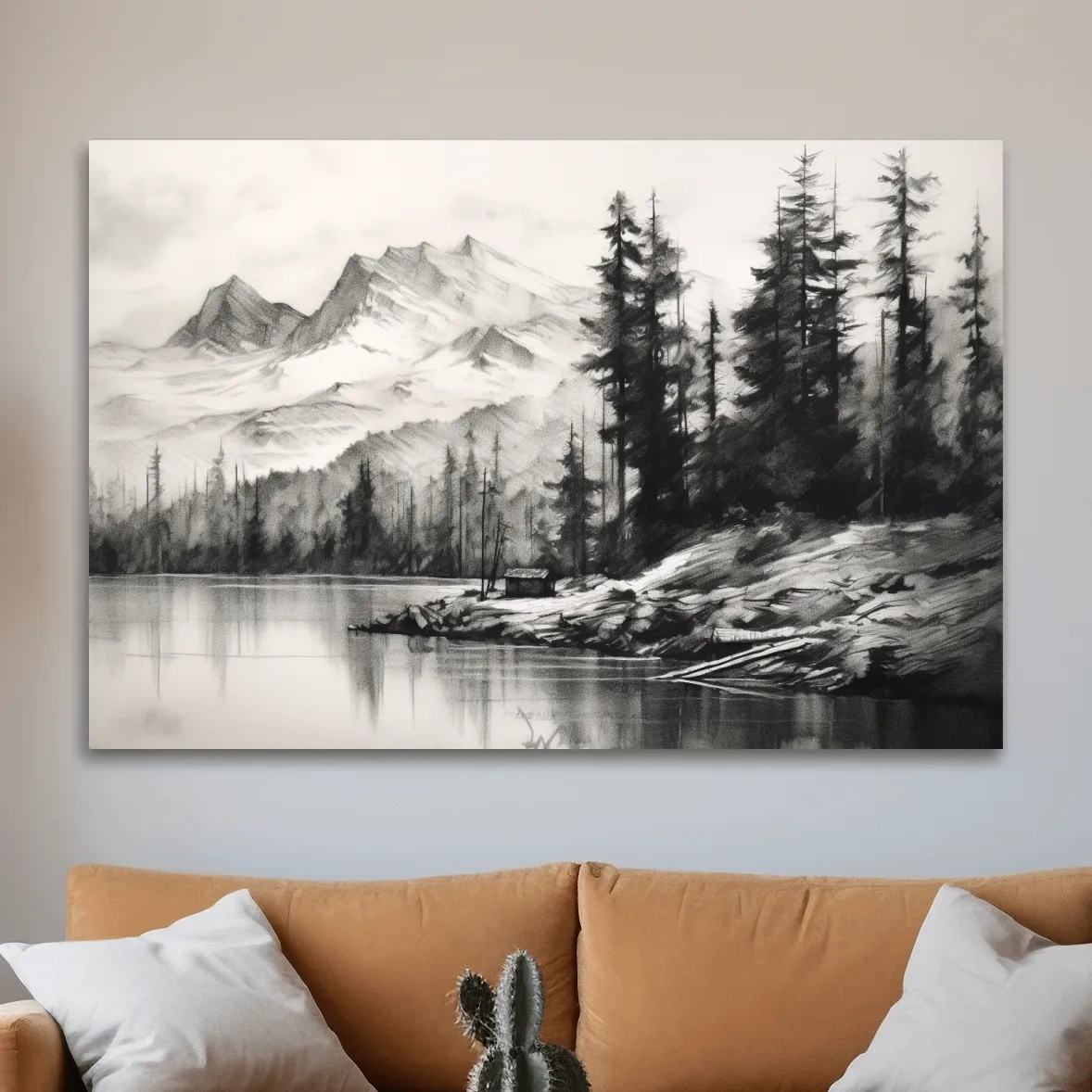 Charcoal drawing of mountains and a lake