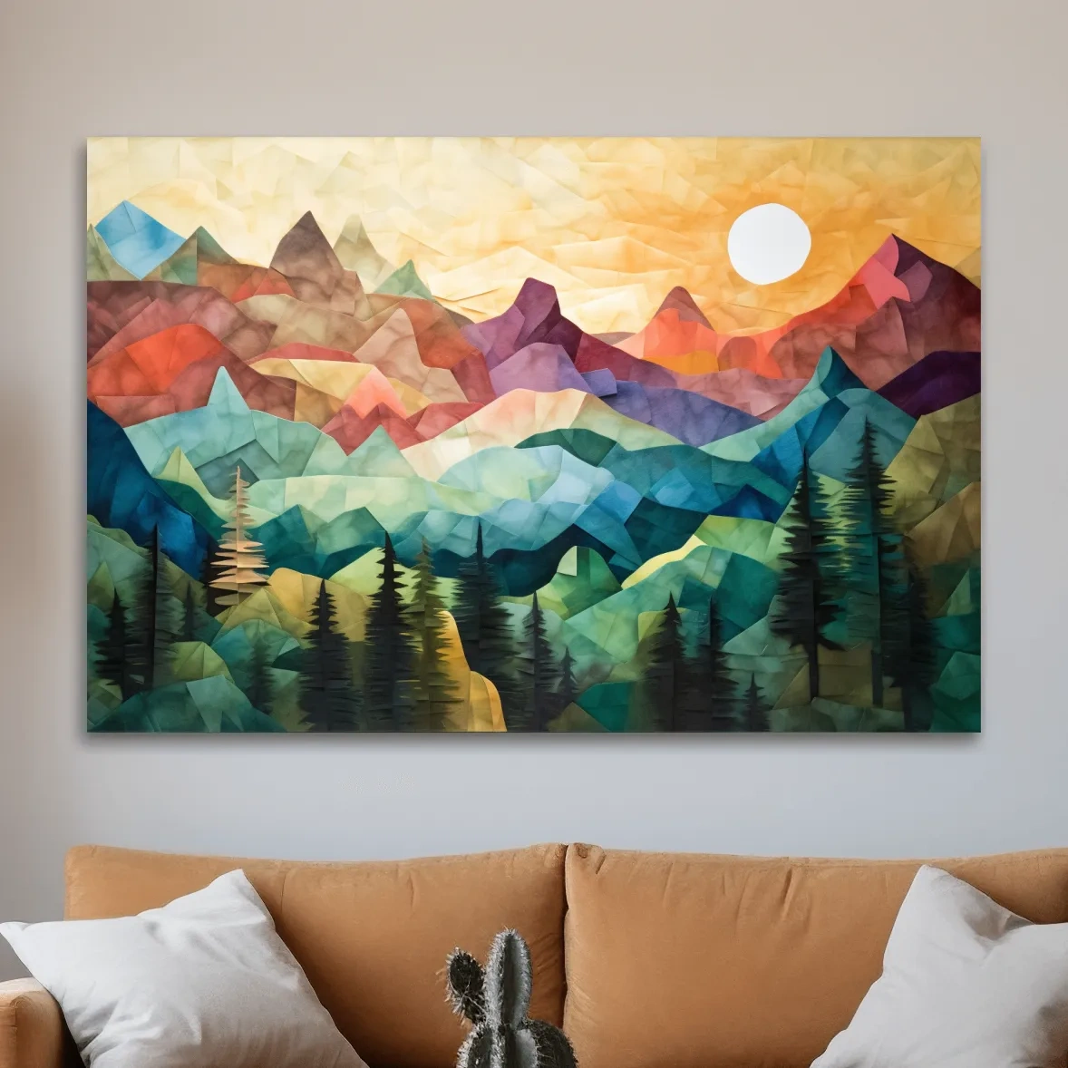 Abstract canvas print of mountains at sunset, patchwork effect