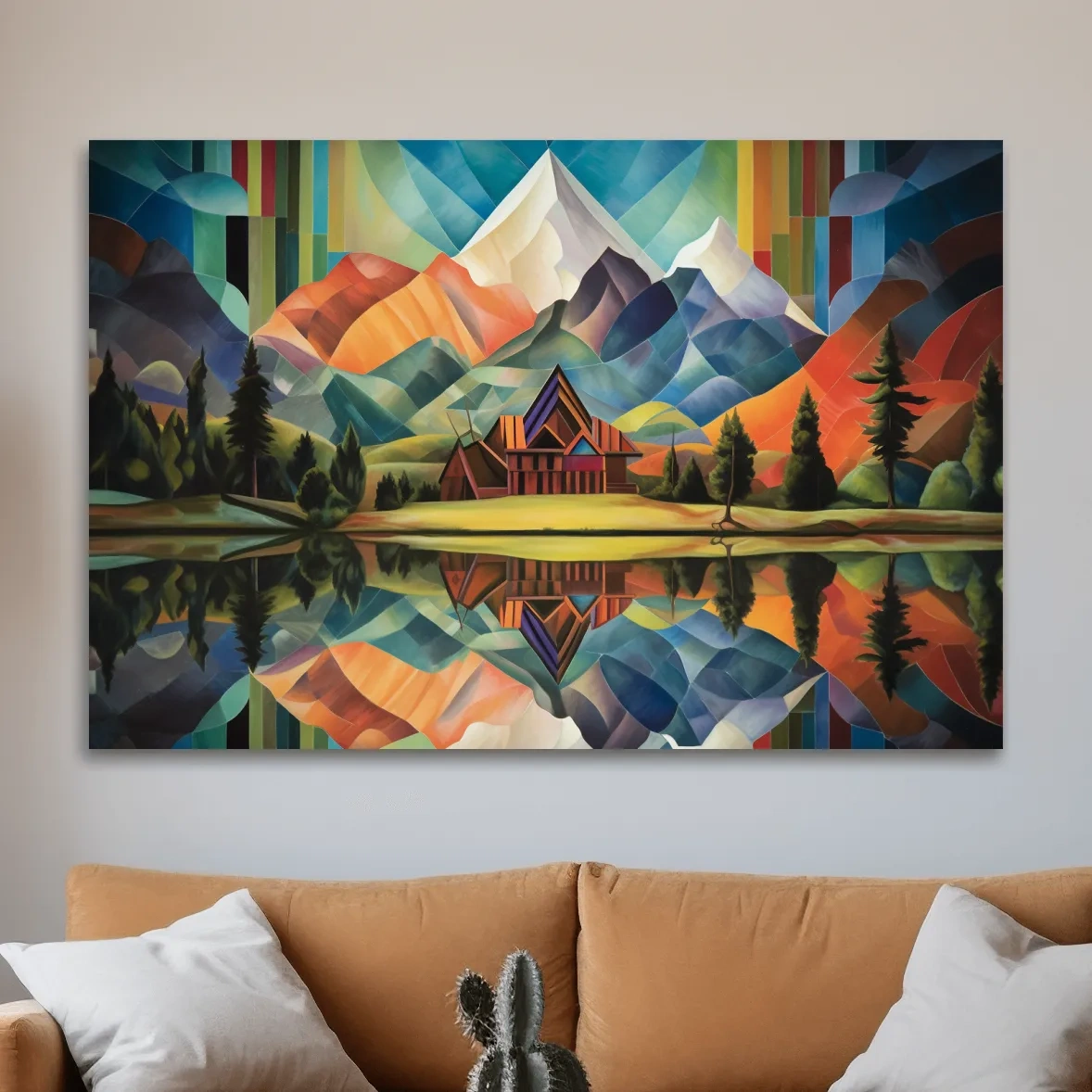 Abstract oil painting of a cabin by a lake, mountain scenery