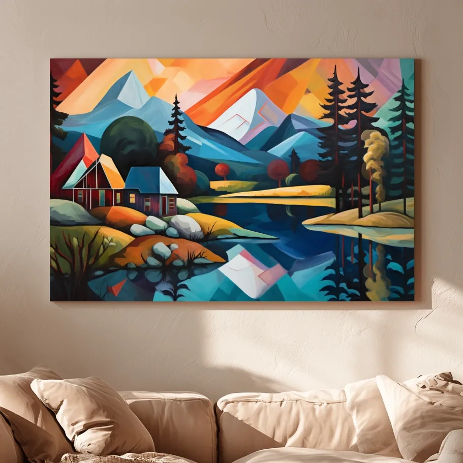 Abstract oil painting of a cabin by a lake, mountain scenery