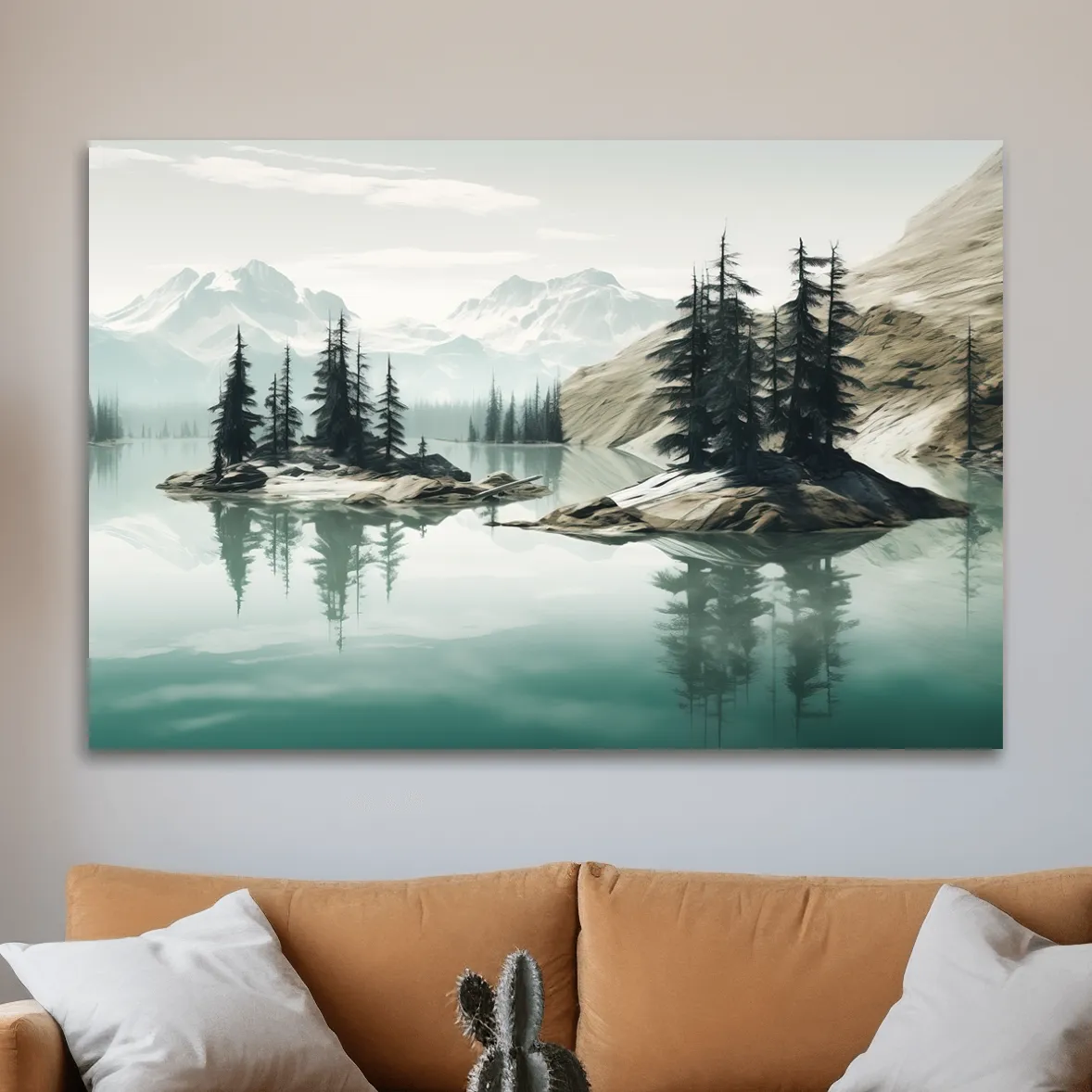 Painting of trees on an alpine lake