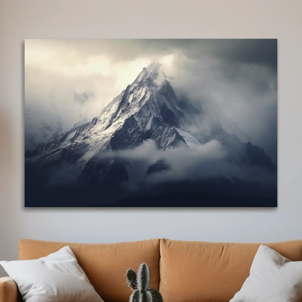 Photographic art, snow capped mountain in the clouds