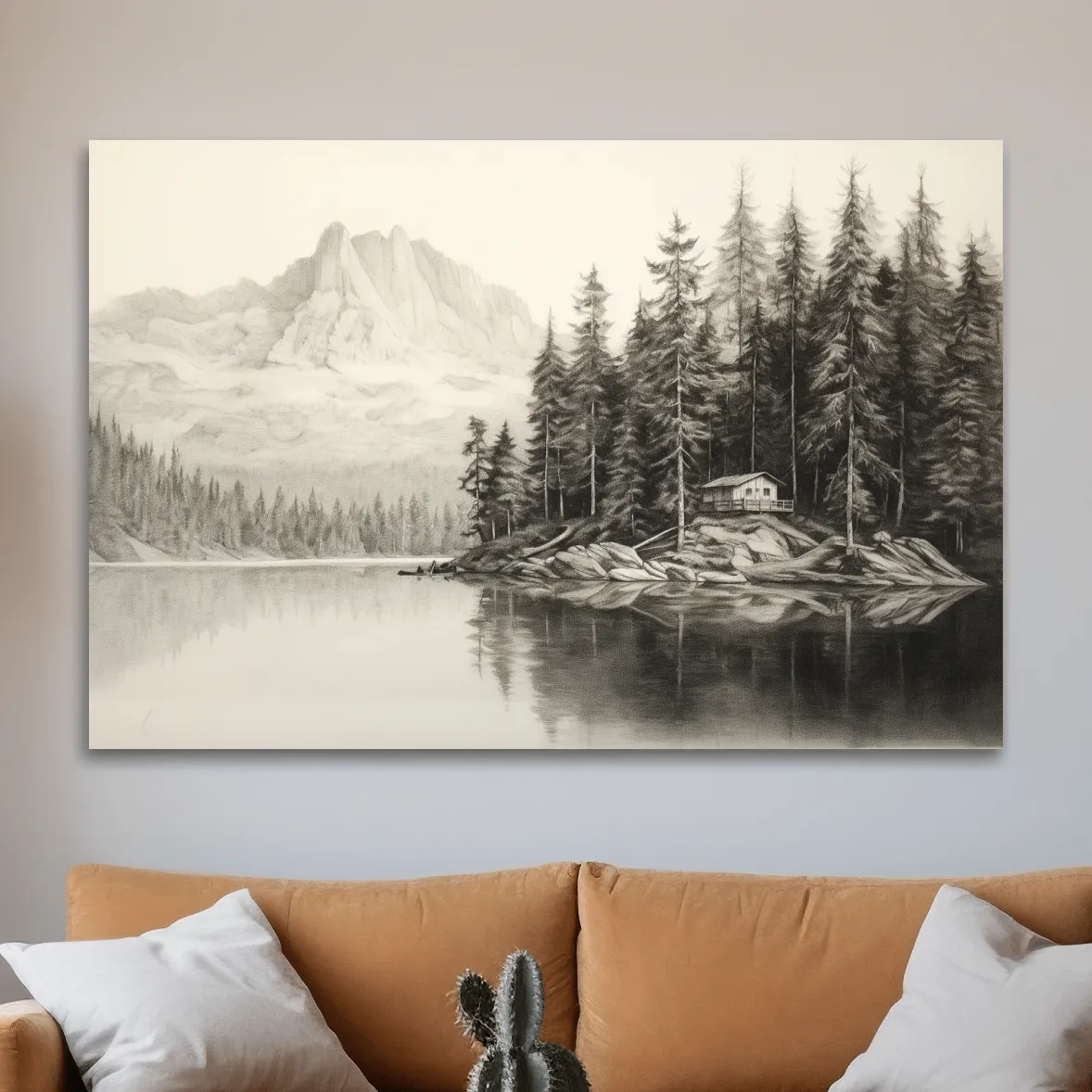 Lead pencil drawing of a cabin by the lake