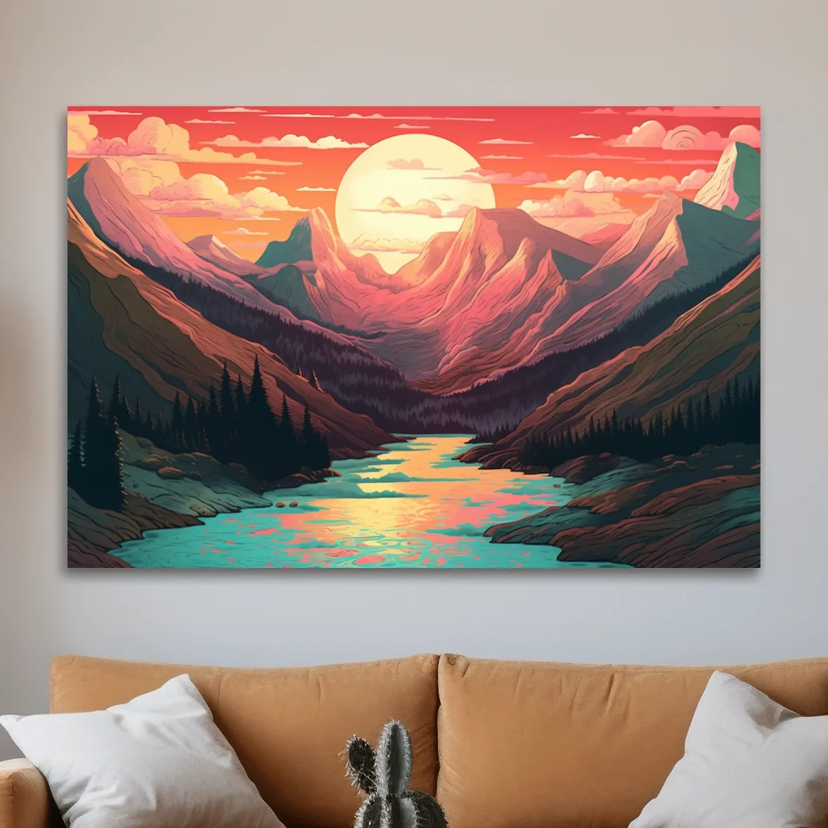 Illustration of a mountain landscape at sunset