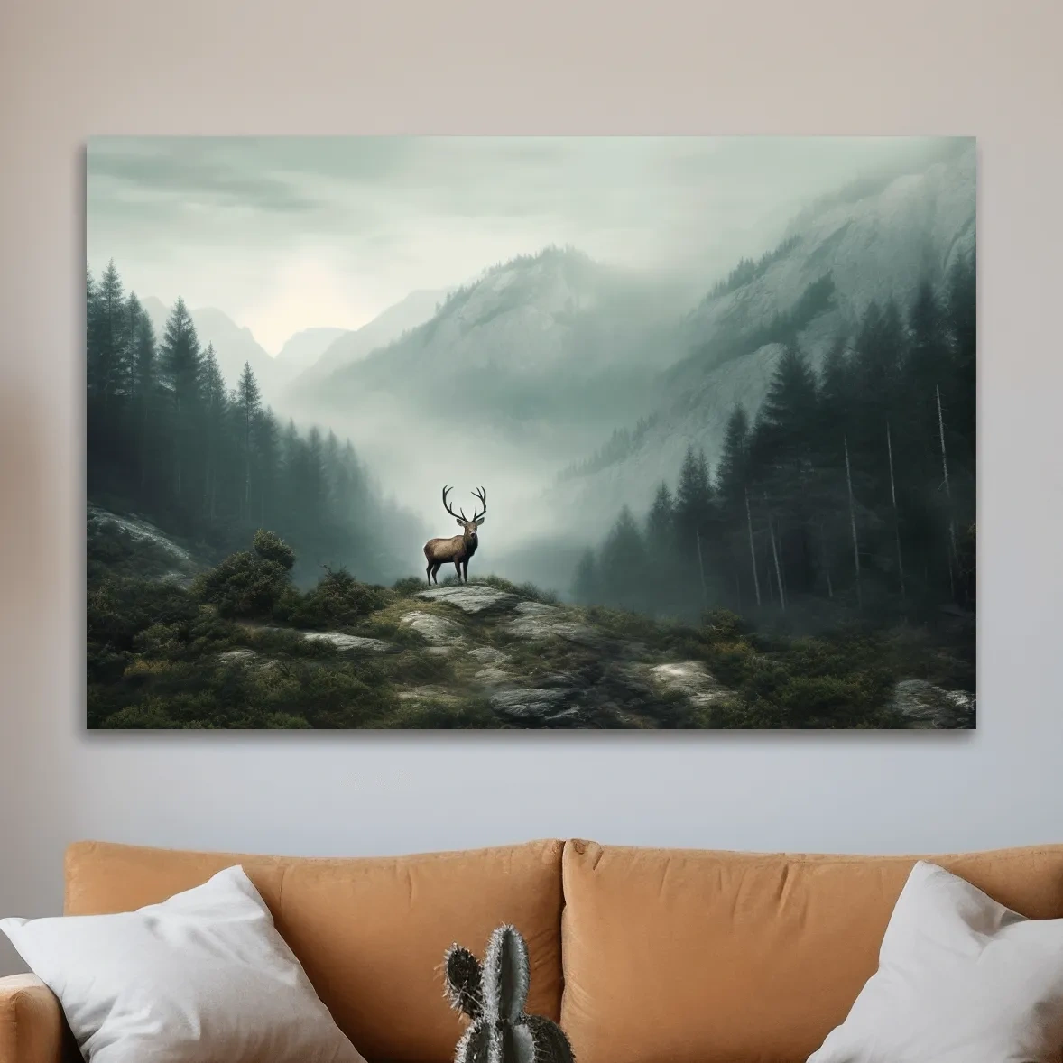 Painting style artwork of a majestic deer standing in the fog