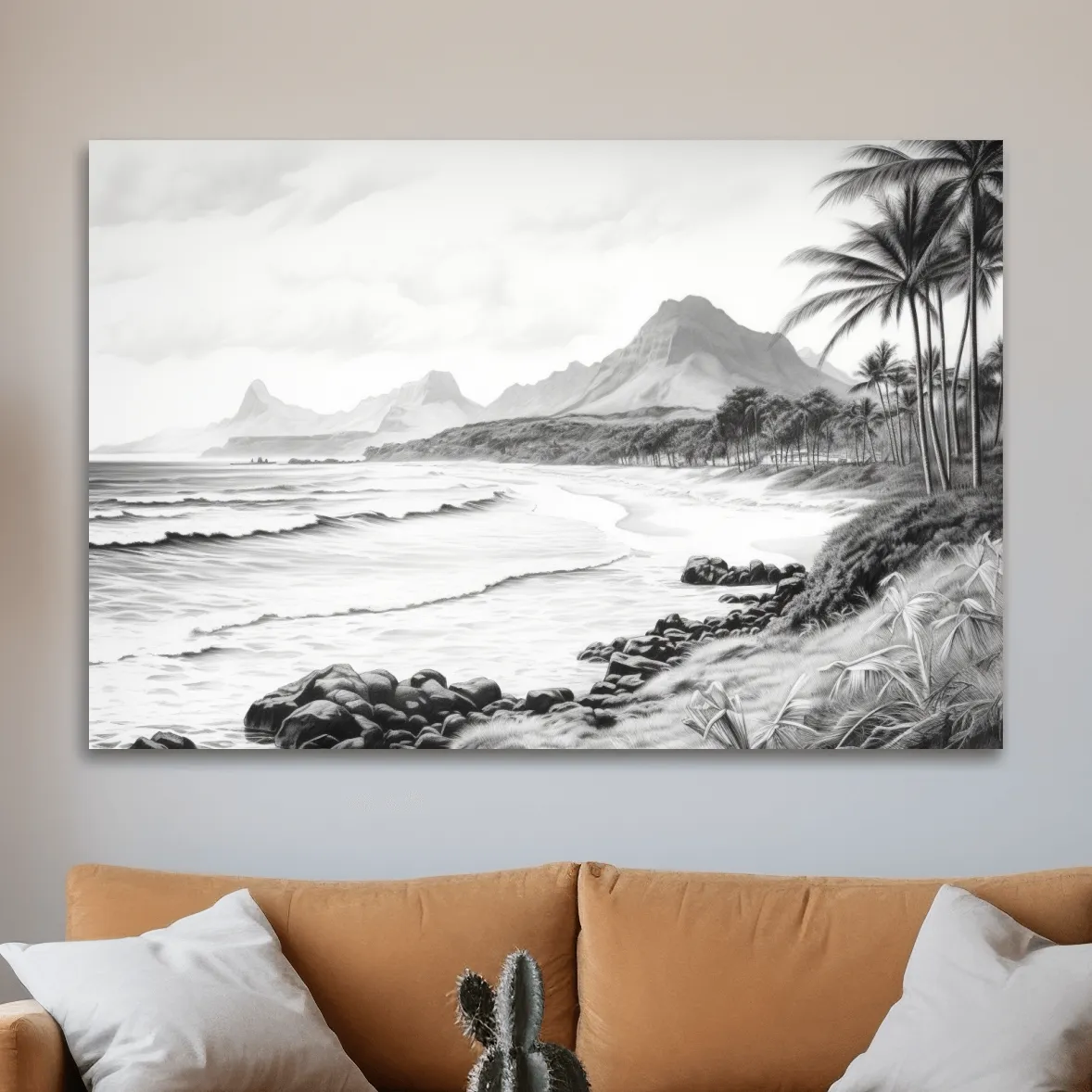Black and white drawing of a tropical beach mountain scene
