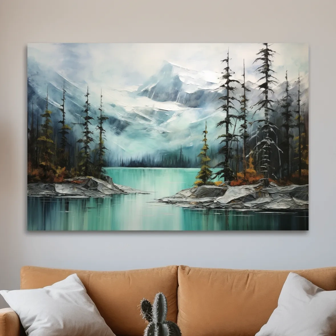 Misty Turquoise Mountain Lake Painting - Serene Alpine Forest Landscape Wall Art