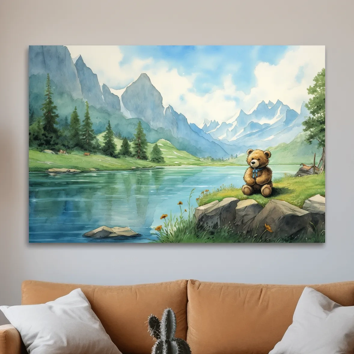 Whimsical Teddy Bear By Mountain Lake - Cute Watercolor Nursery Wall Art