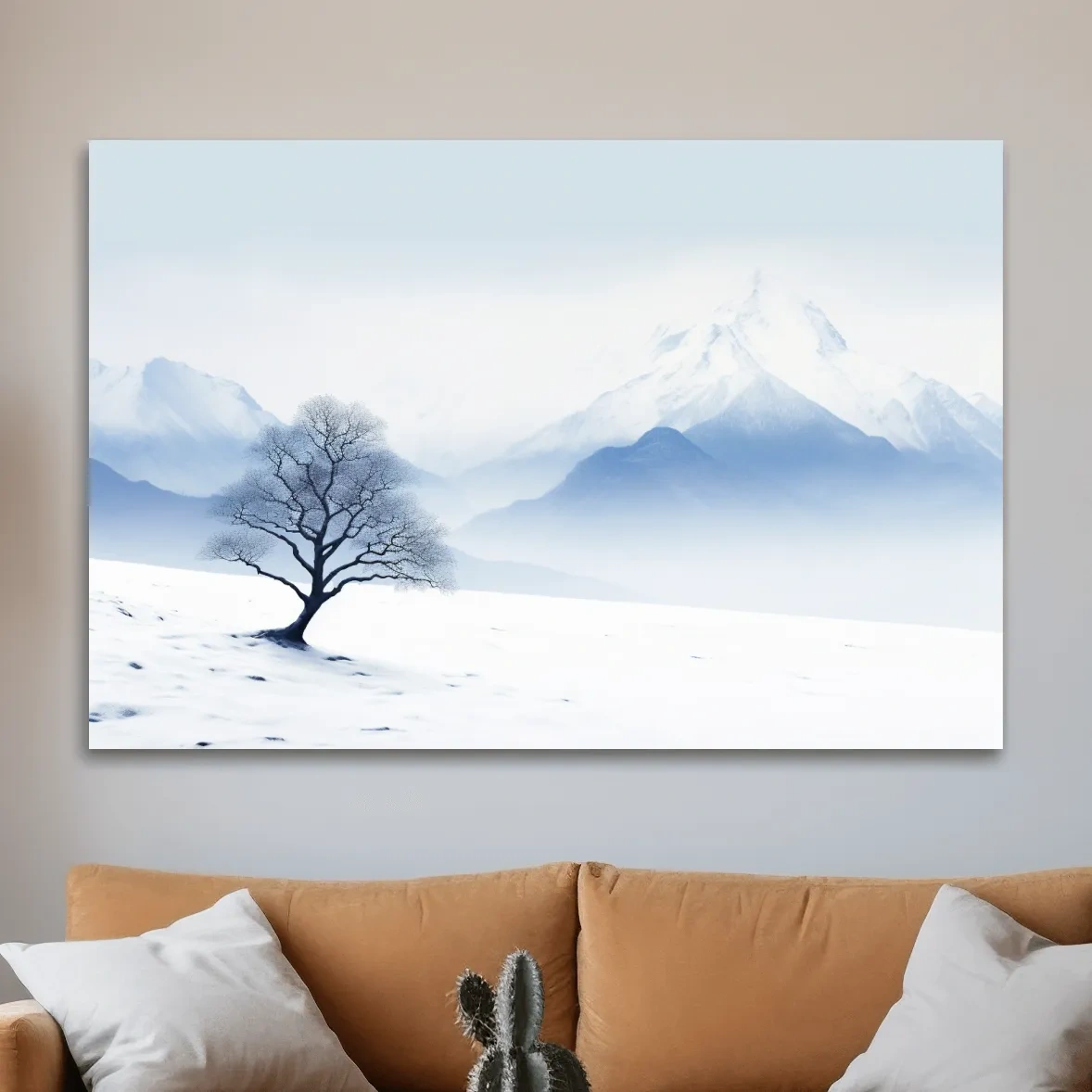 Minimalist Snowy Mountain Landscape With Lone Tree - Serene Winter Painting Wall Art