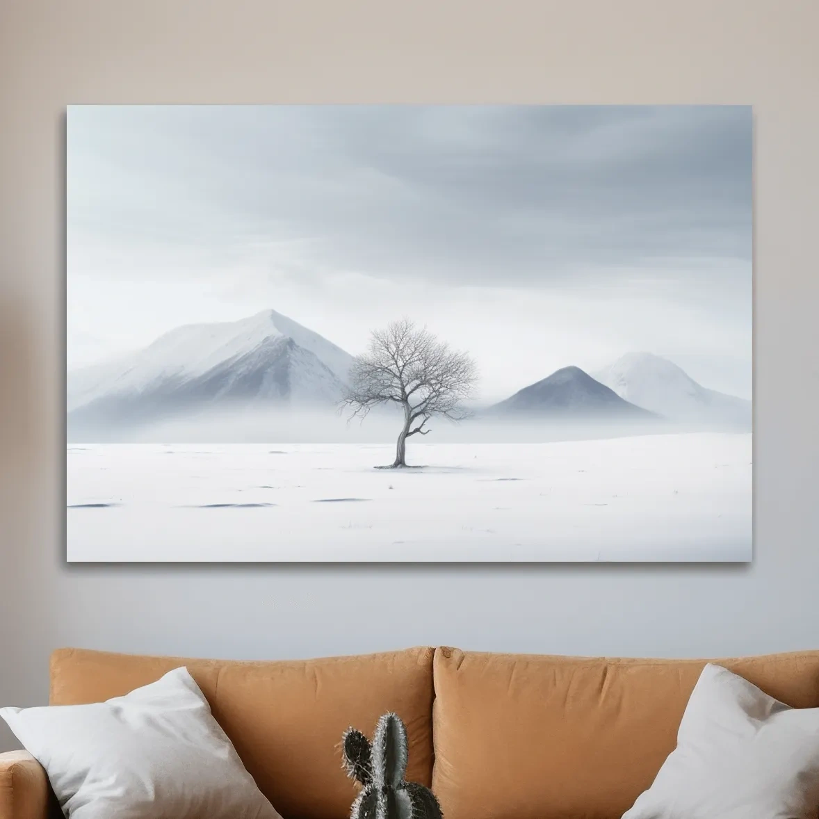Minimal art, painting of a tree in the snow