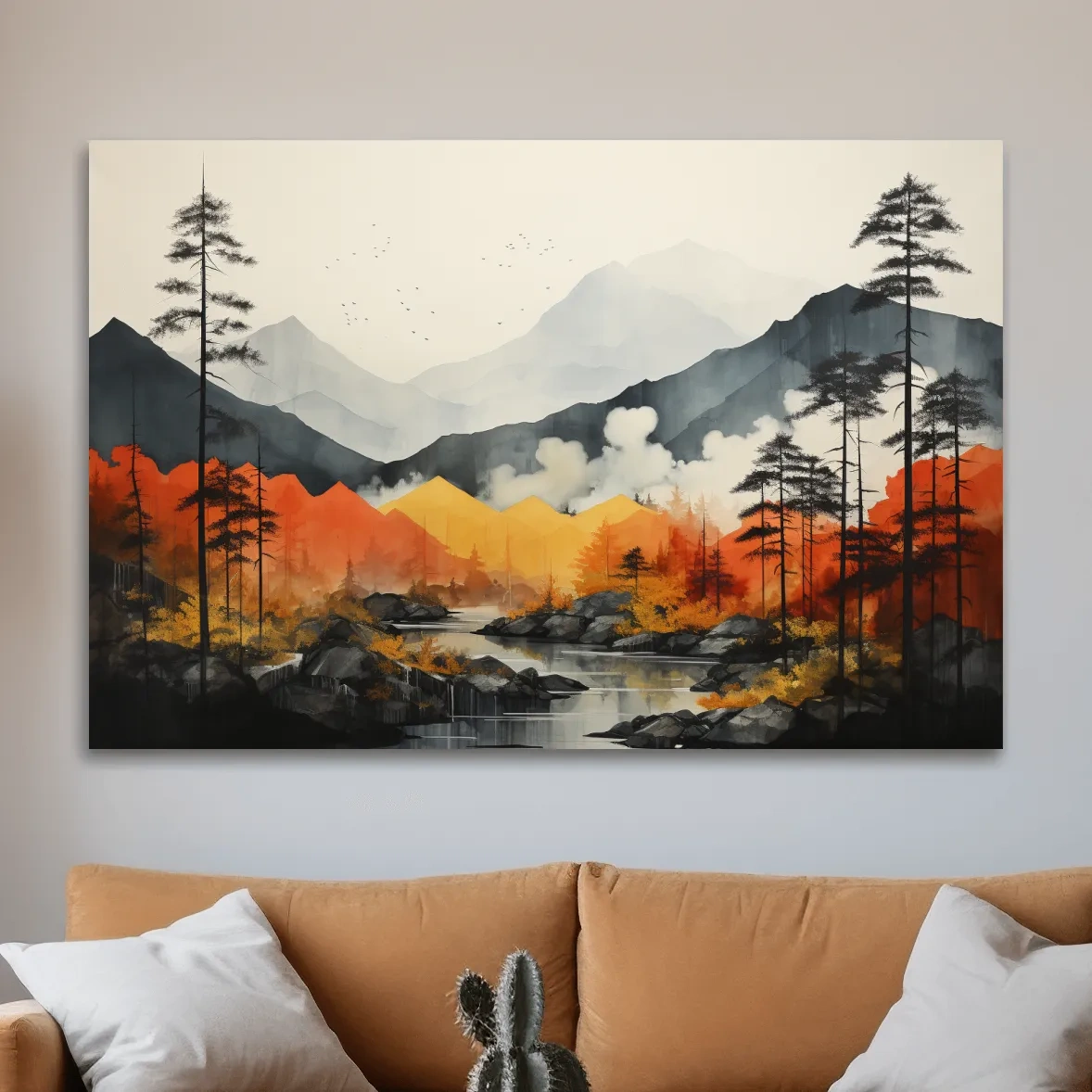 Surreal watercolour painting, colorful mountain scenery