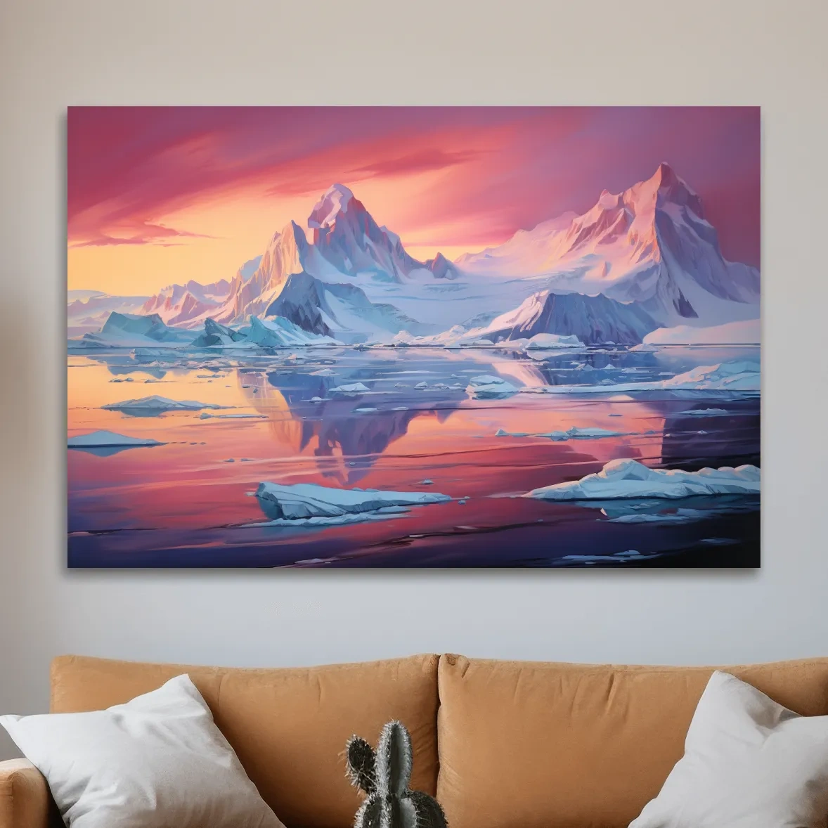 Painting of a sunset over the antarctic glacier