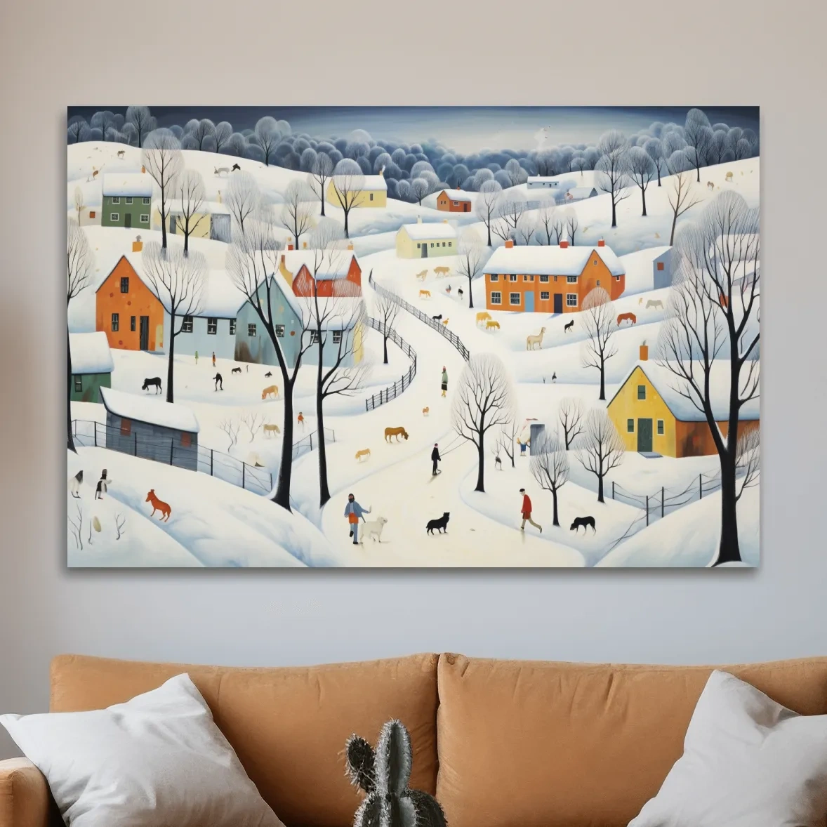 Quirky painting of a mountain village in the snow