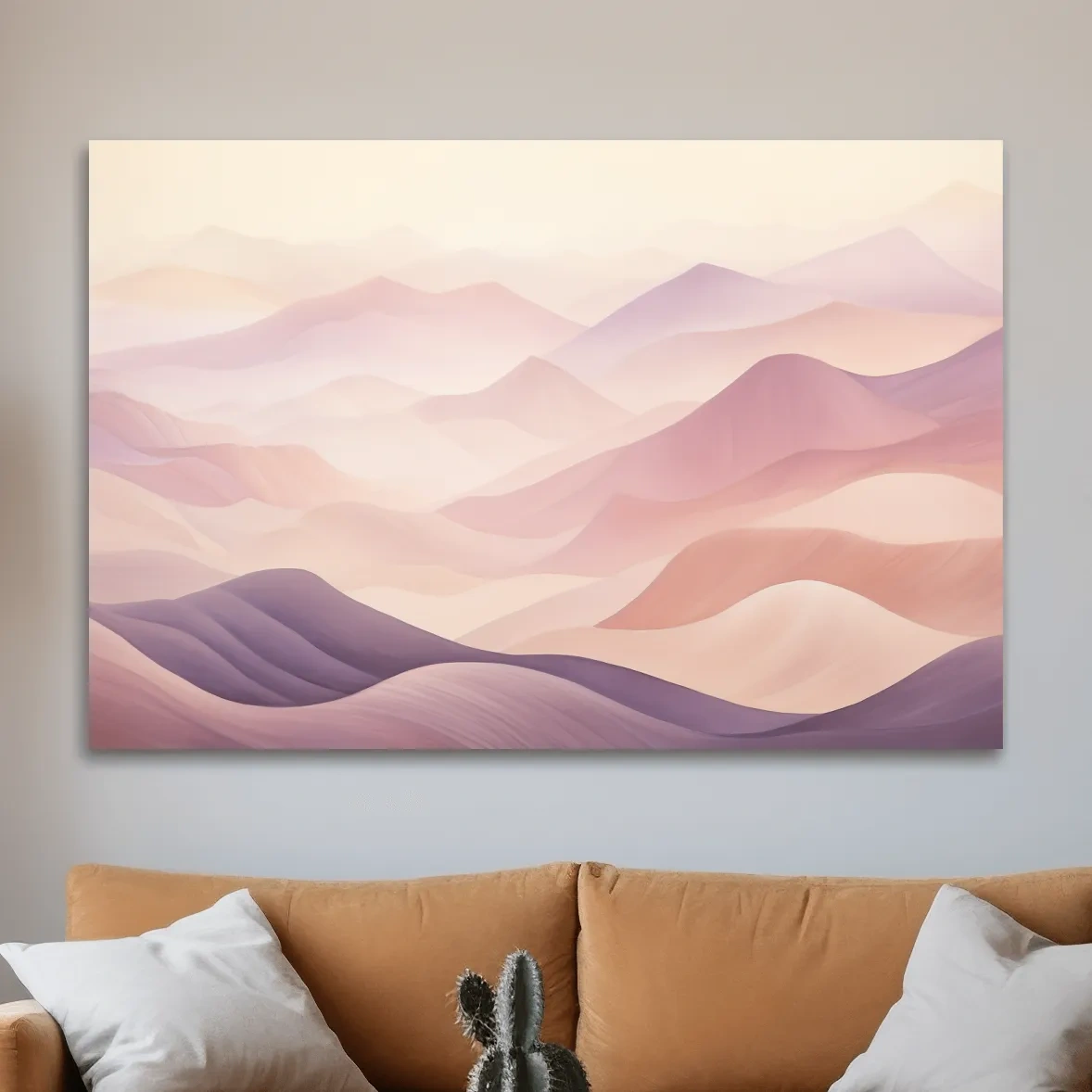 Soft and subtle purple pastel mountains in the fog artwork