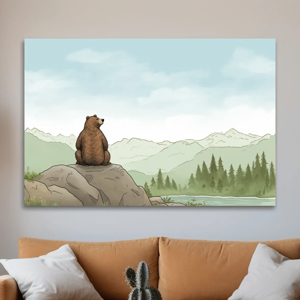 Illustration of a bear chilling on a rock, nursery artwork