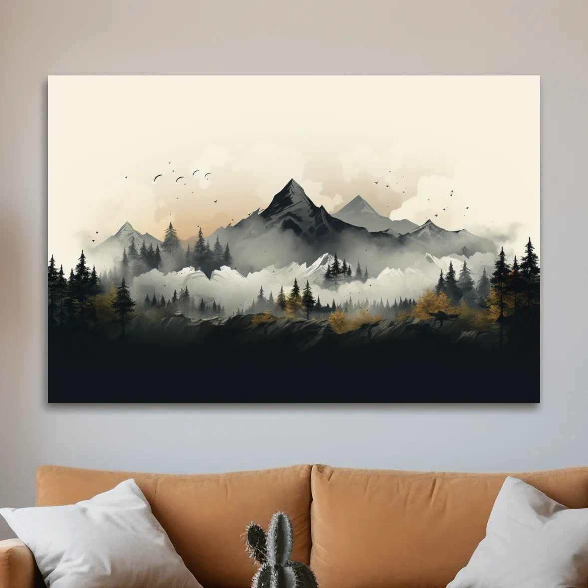 Misty Mountain Range With Pine Forest Illustration - Moody Landscape Wall Art
