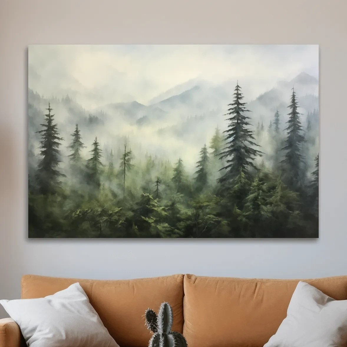 Painting of fog rolling through the trees and mountains