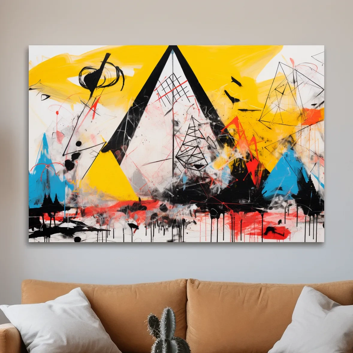 Abstract energetic graffiti style geometric mountain painting
