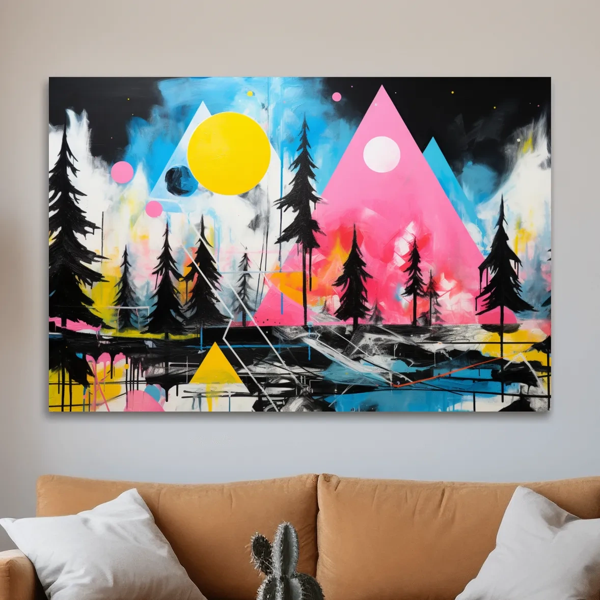 Neon Geometric Mountain Forest Painting - Vibrant Abstract Wall Art