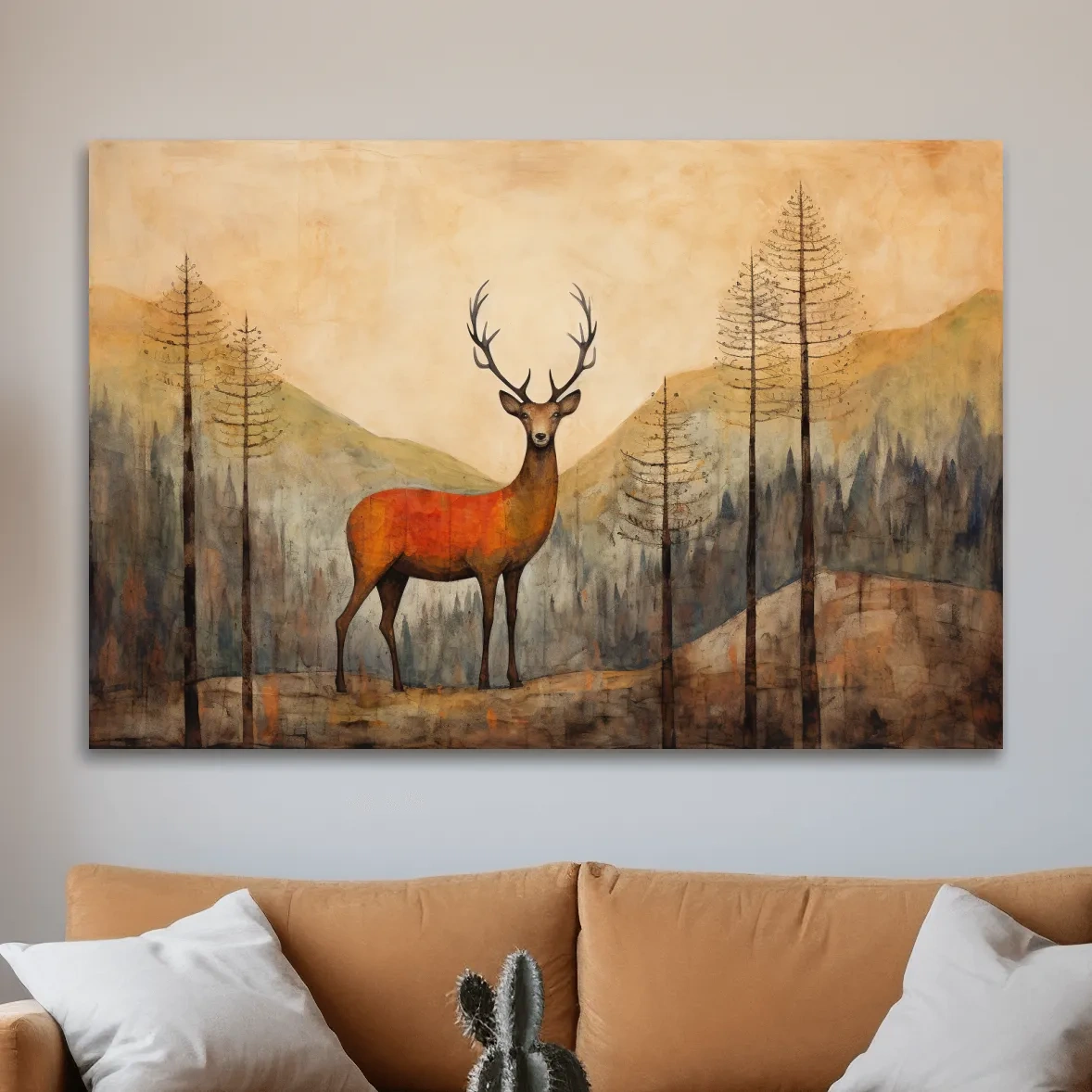 Textured watercolour painting of a deer in the forest