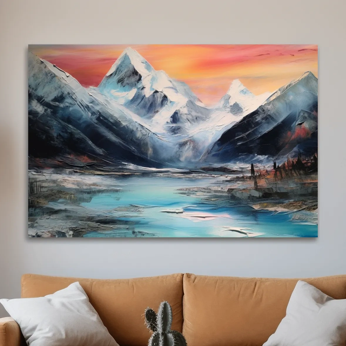 Bold oil painting of a glacier at sunset
