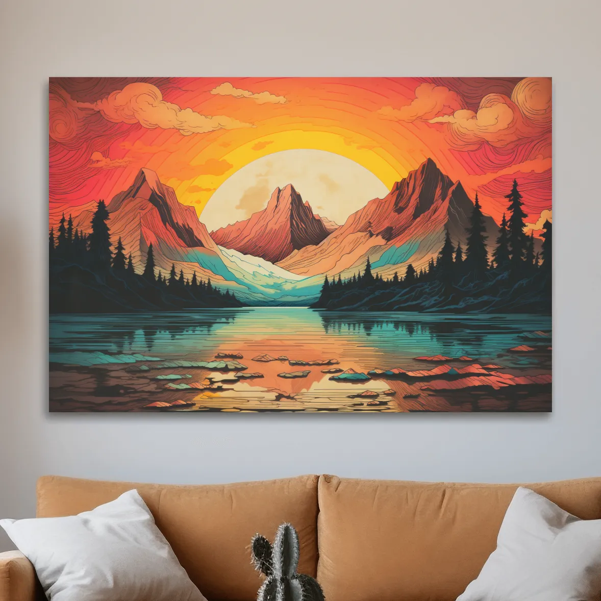 Vibrant illustration of sunset over an alpine lake