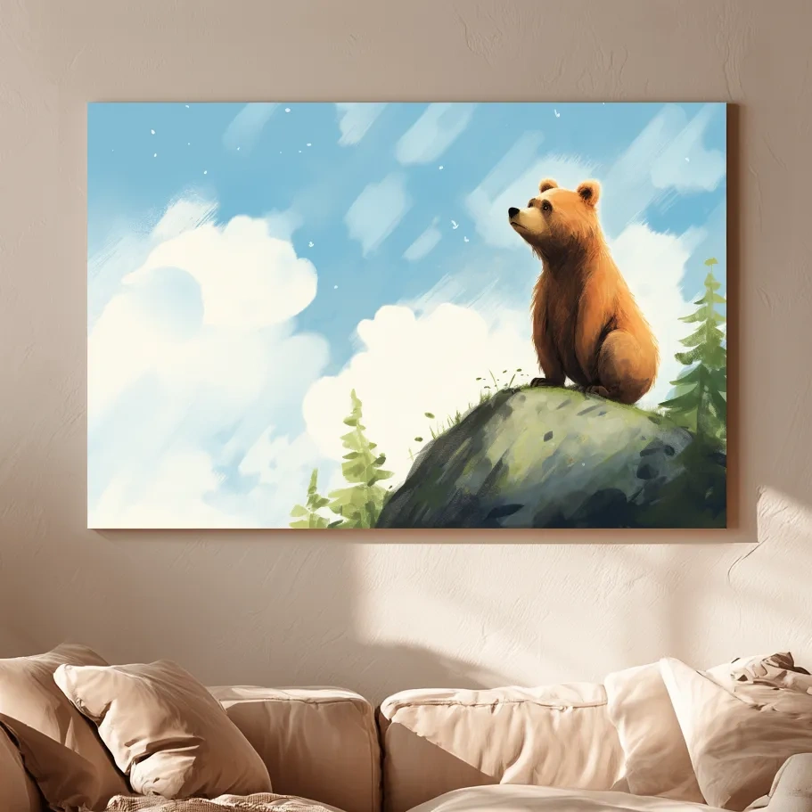 Whimsical Bear Cub On Rocky Peak - Nursery Wildlife Wall Art