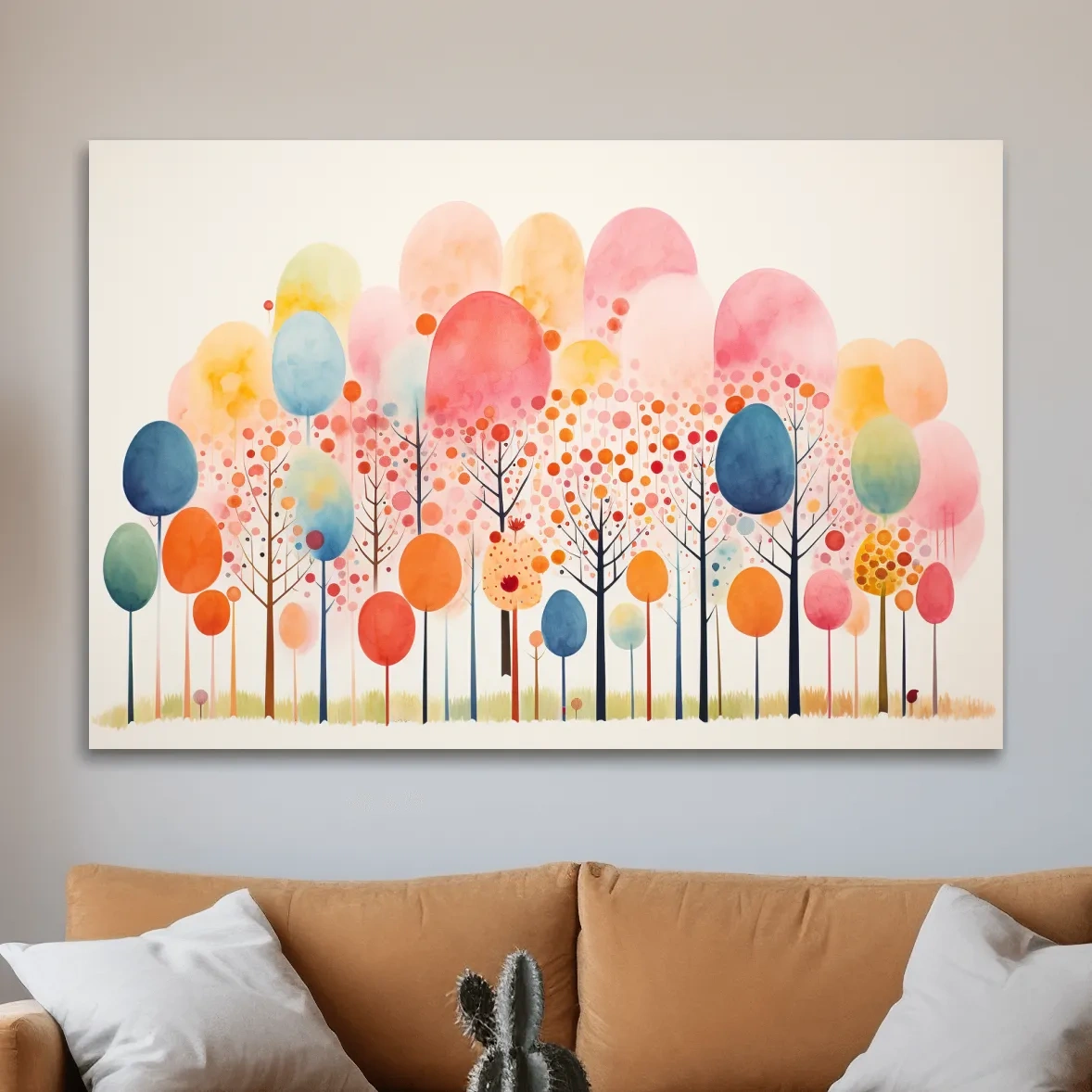 Colorful surreal and whimsical forest painting, pastel colors