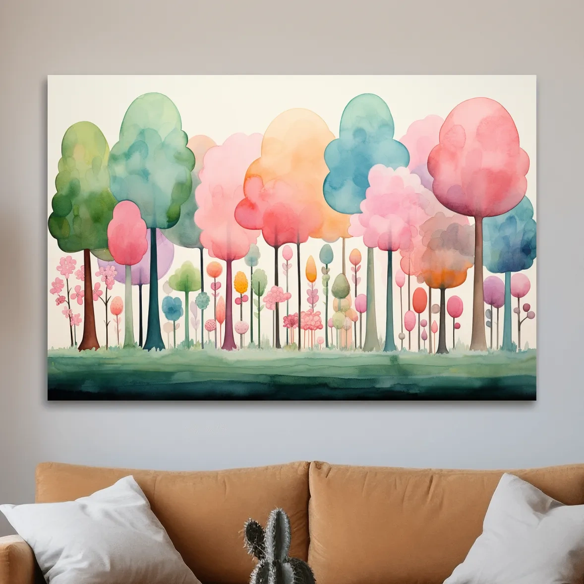 Watercolour painting of a dreamy colourful forest