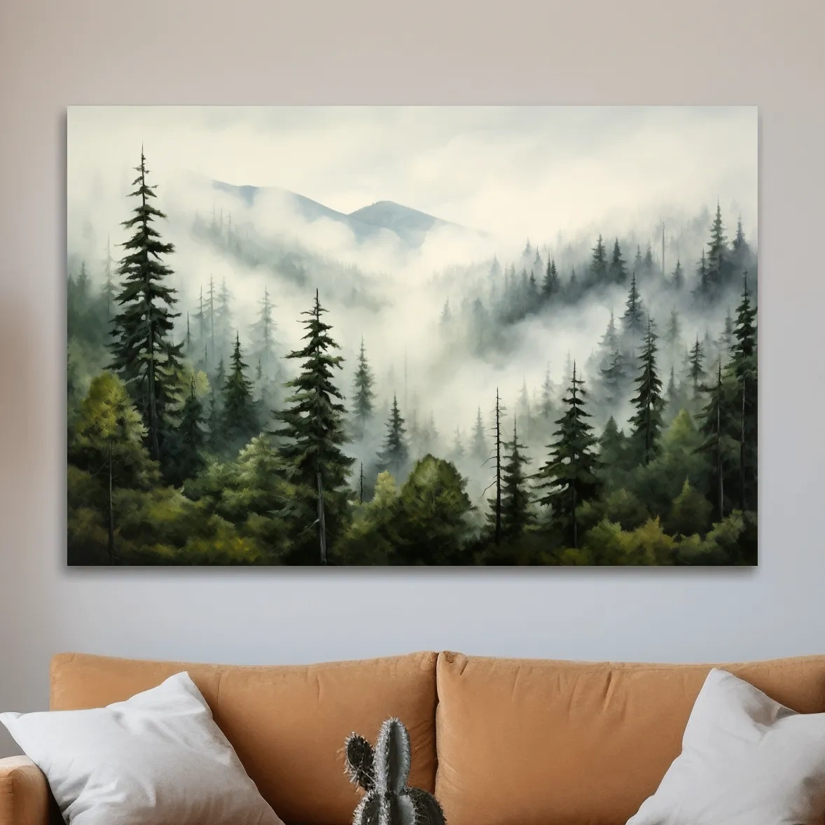 Painting of morning fog rolling through the forest