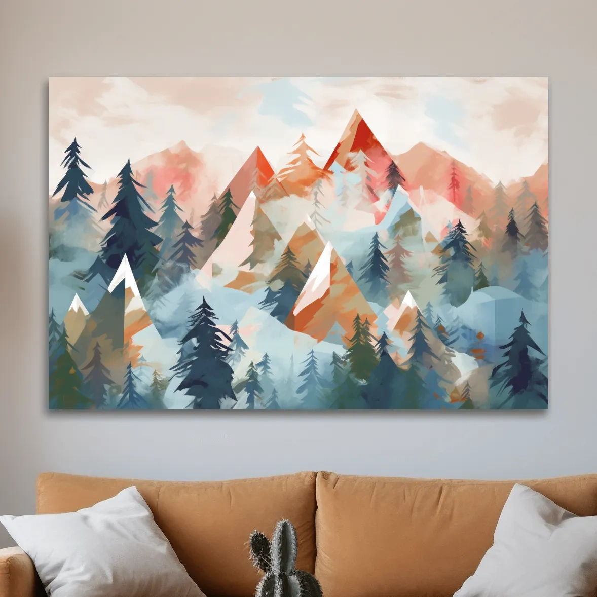 Abstract Watercolor Alpine Mountains And Pine Forest - Modern Geometric Landscape Wall Art