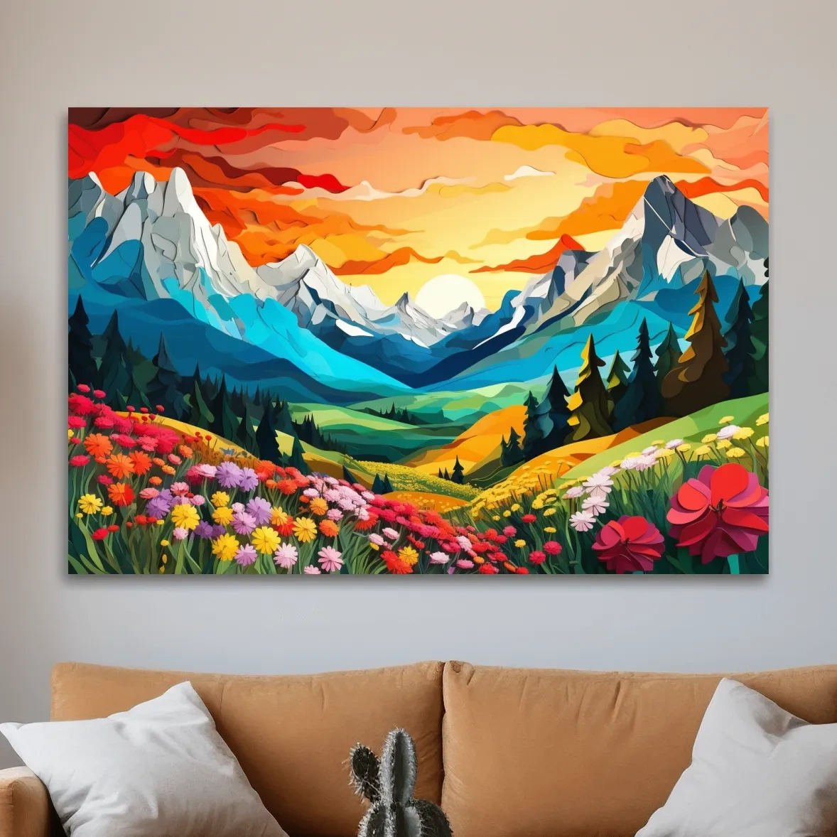 Vibrant Wildflower Mountain Valley Sunset - Colorful Paper Cutout Style Wall Art