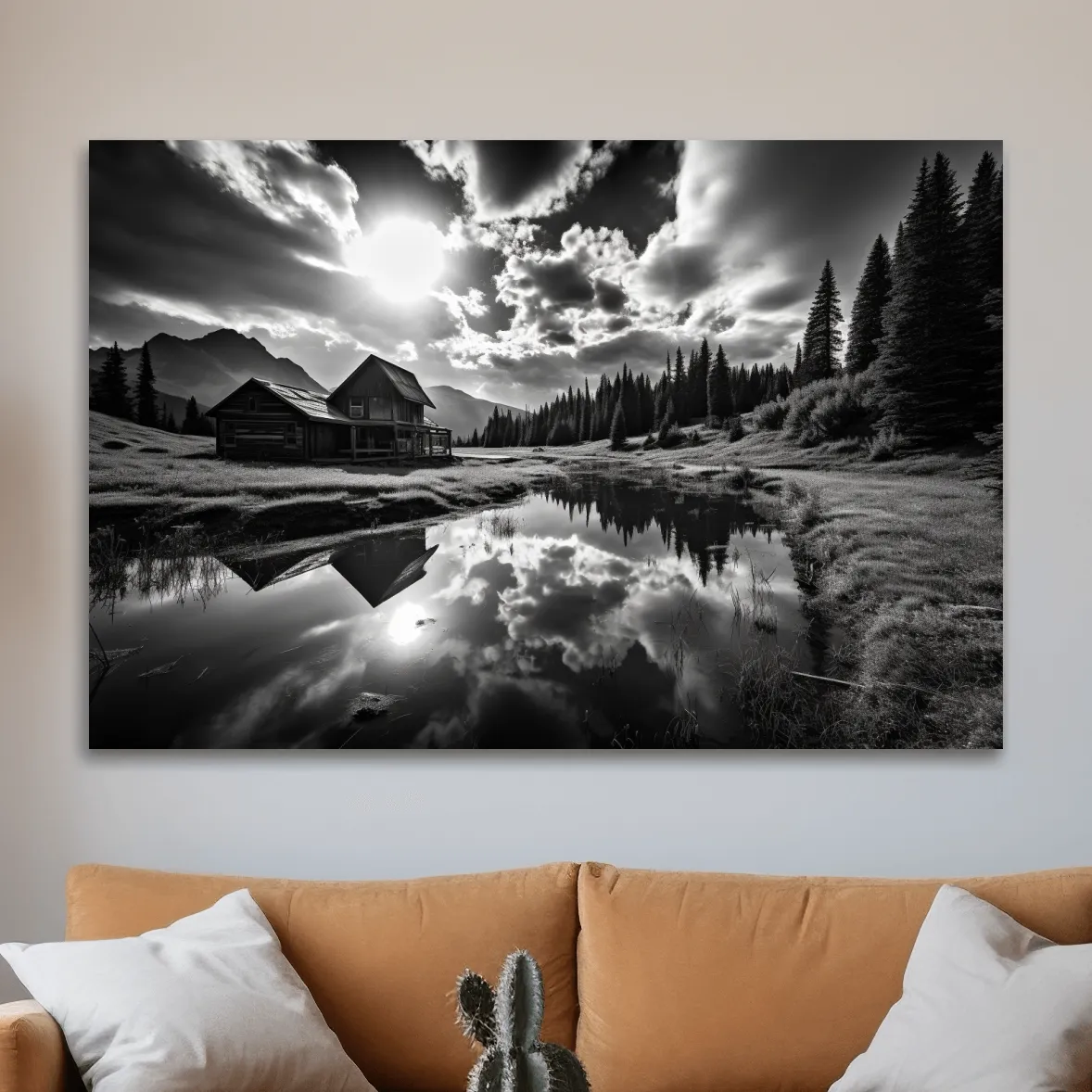 Black and white high contrast photograph of a cabin by the lake