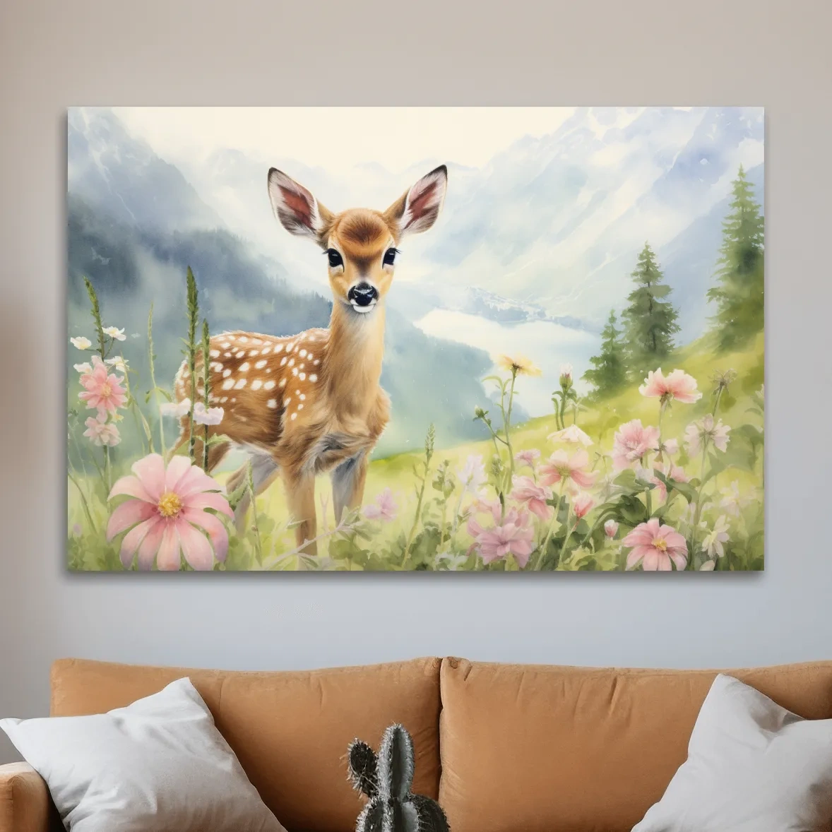 Painting of a deer fawn in the alpine meadows