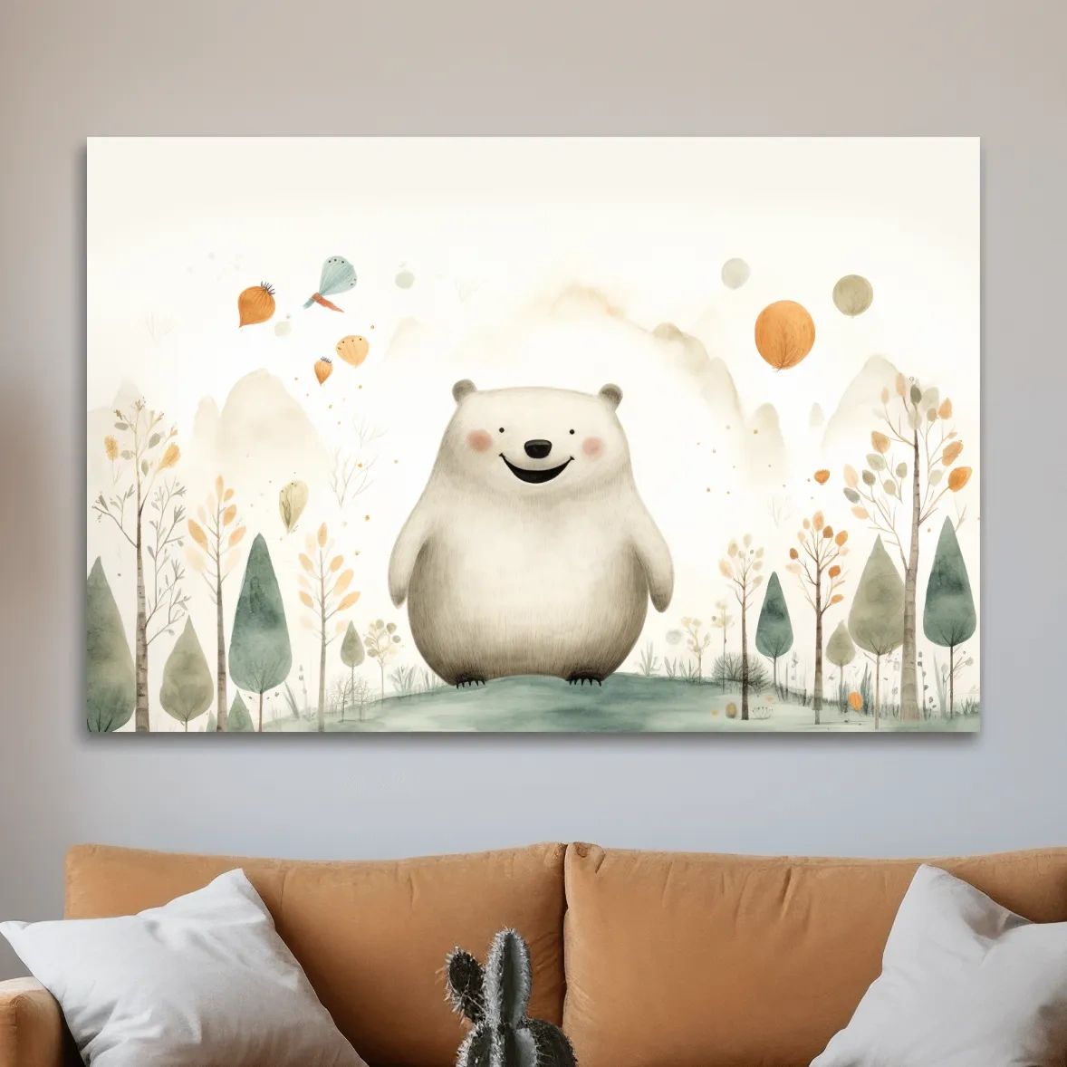Storybook nursery art, happy bear in the forest