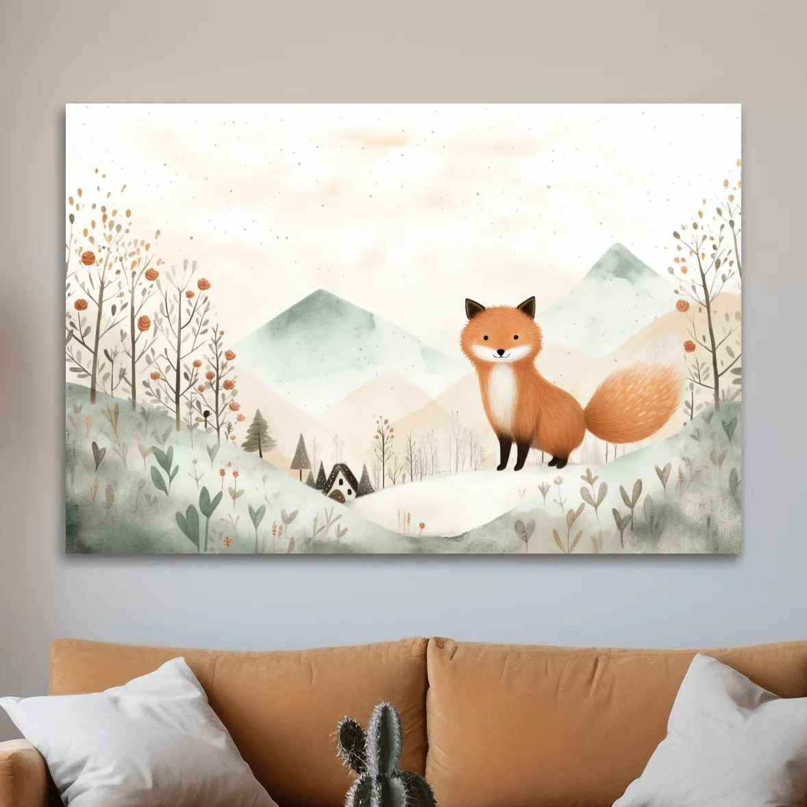 Cute happy fox in the mountains, childrens storybook illustration artwork