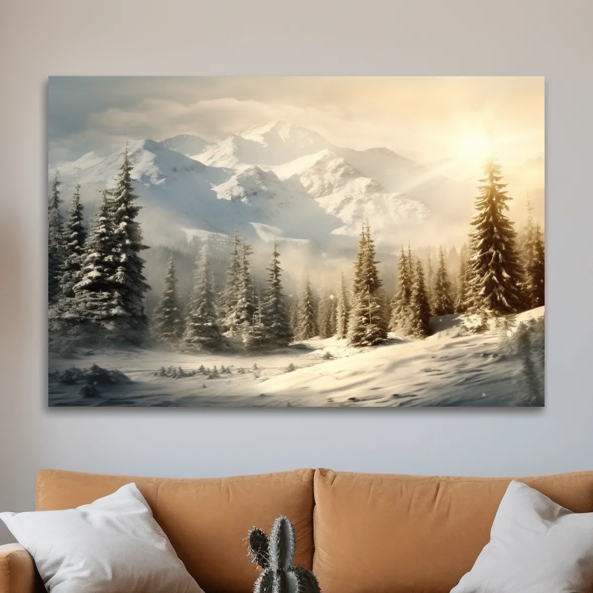 Snow covered mountains at sunrise, realistic painting