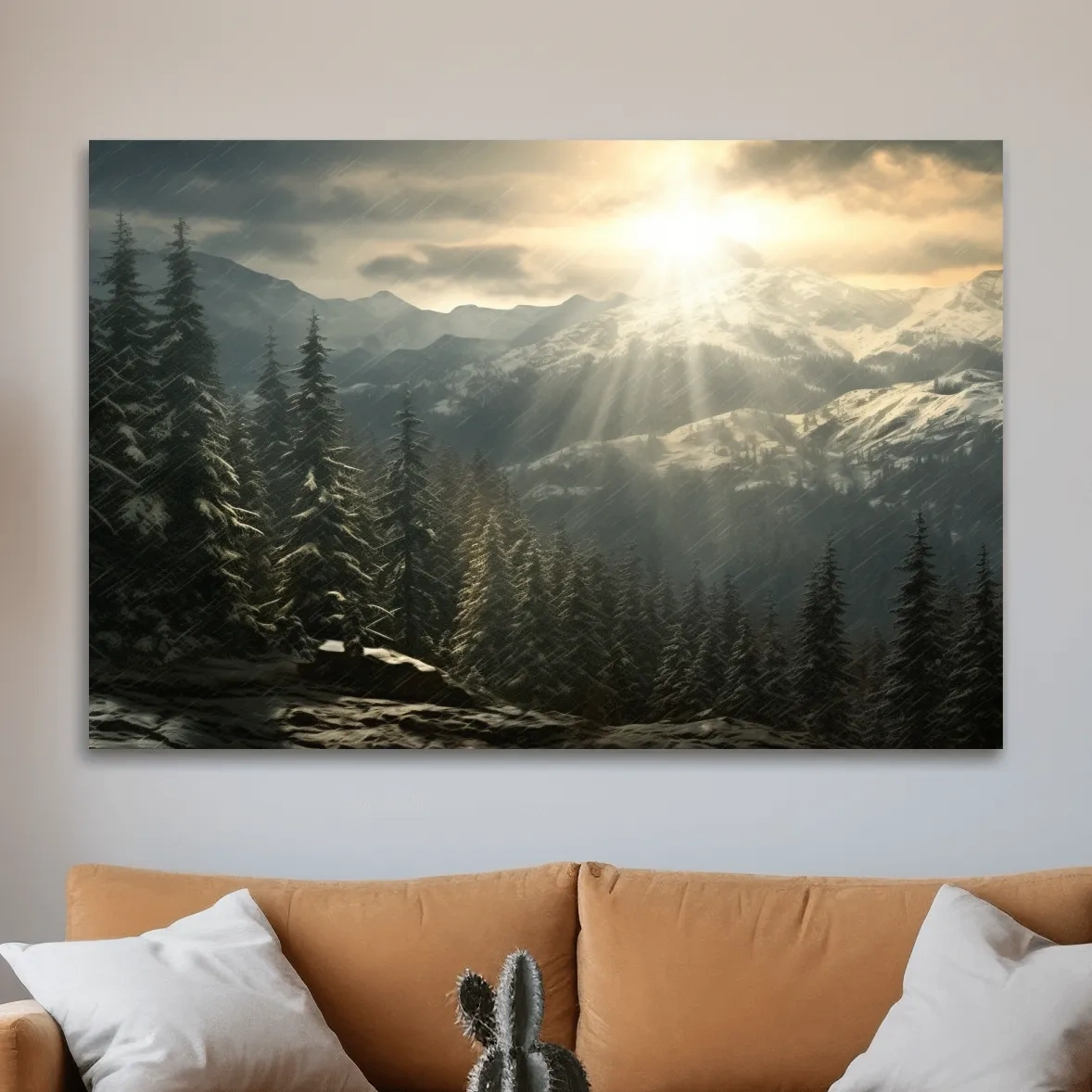 Mountain Snowstorm Sunrise Over Pine Forest - Dramatic Winter Landscape Artwork