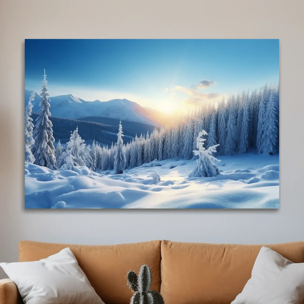 Snow covered alpine trees in the sun, photographic art