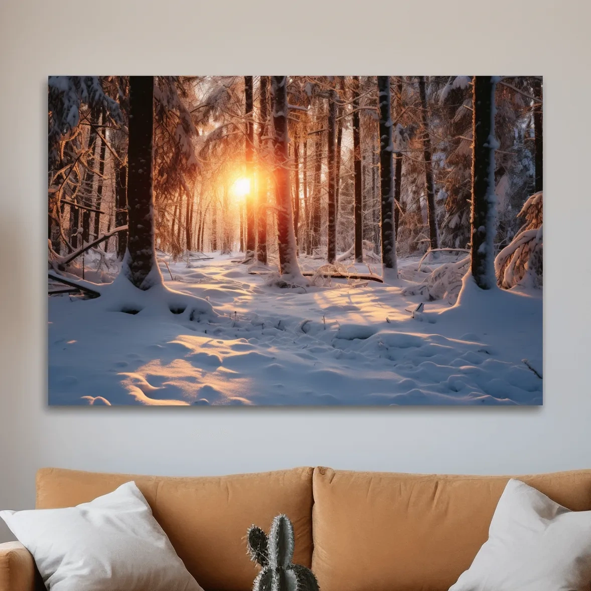 Golden Winter Sunrise Snowy Forest - Serene Nature Landscape Wall Art