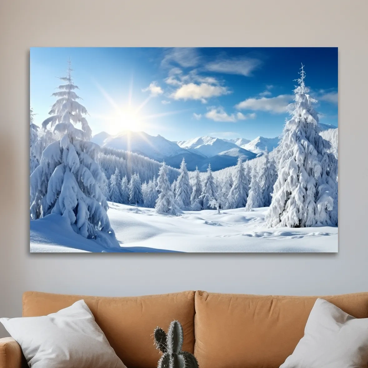 Photograph of a snow covered forest and a clear blue sunny sky