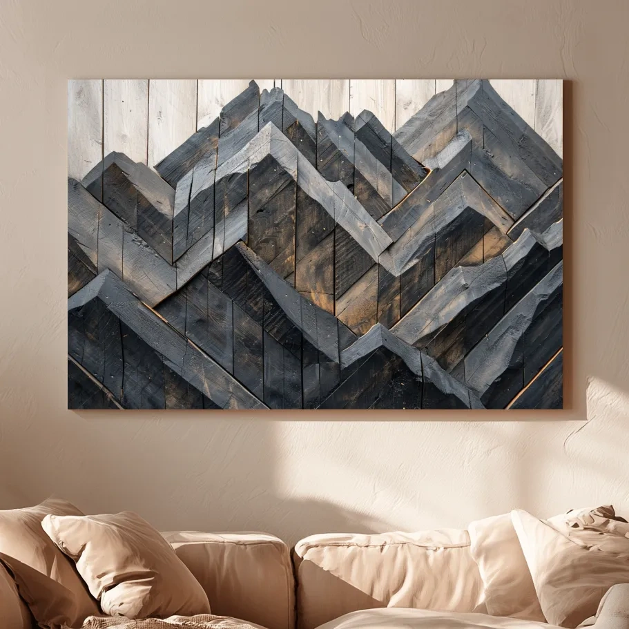 Geometric Wood Mountain Mosaic - Modern Rustic Landscape Wall Art