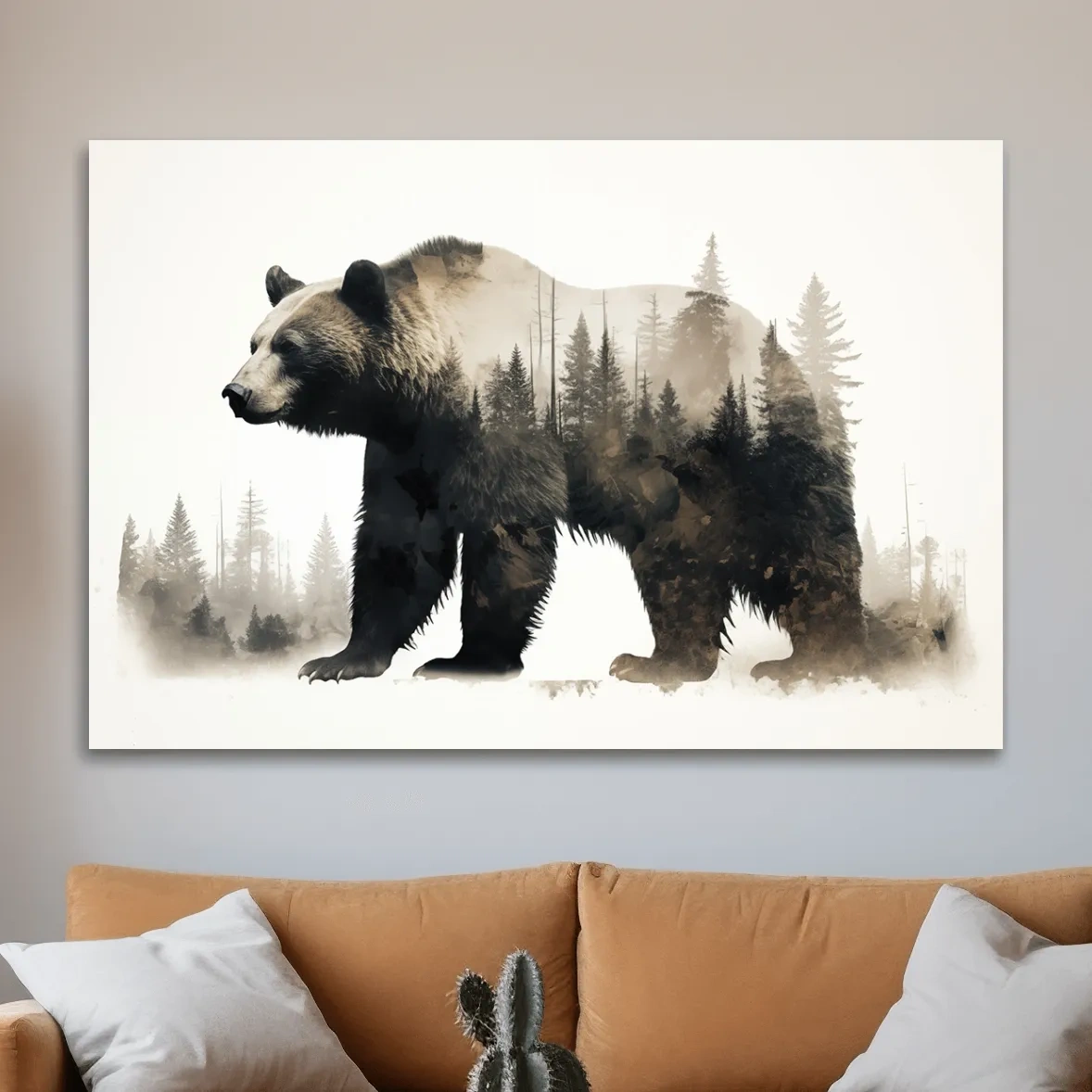 Double exposure artwork, a grizzly bear and a forest