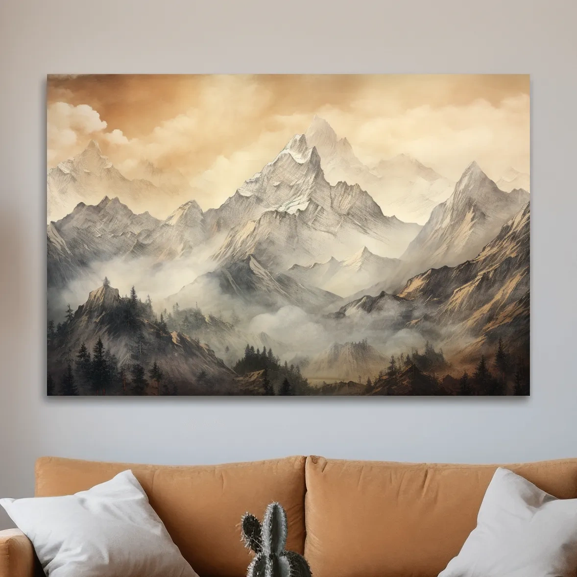 Alpine glacier scene at sunset, sketch style drawing artwork, high alpine landscape wall art
